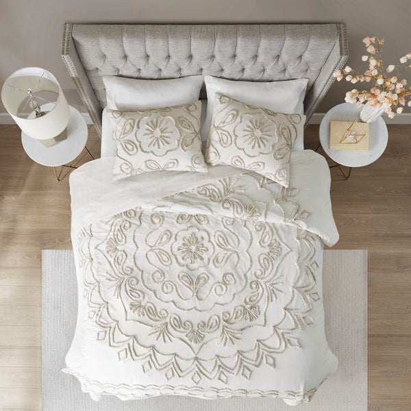 English Elm 3 Piece Tufted Cotton Coverlet Set Violette Full/Queen — Tufted Chenille Medallion Design, Soft Layered Texture Ivory+Taupe 11.81 L x 9.84 W x 11.42 H B03597576
