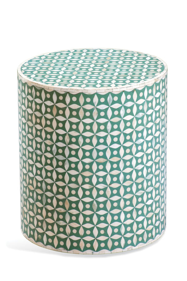 Basset Mirror Finch Accent Table – Round Scatter Table With Stunning Diamond Design In Natural Bone & Seafoam Resin Green Mdf,Bone,Resin 8850-lr-223