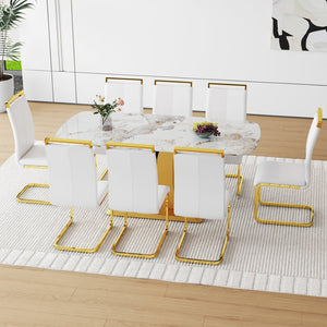 English Elm Table Set: Luxurious 71" Pandora Glass Dining Table With 8 White Pu Chairs & Gold C-Shaped Legs W1151S03232-GIGA