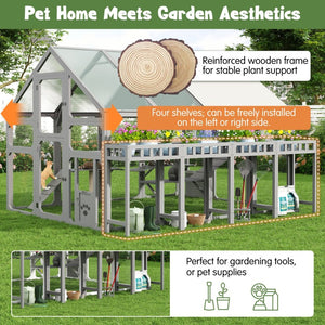 English Elm Large Walk-in Pine Wood Catio Enclosure with Platforms Resting Boxes and Planter Grey N704G201619E