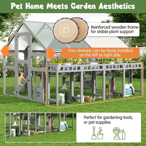 English Elm Large Walk-in Pine Wood Catio Enclosure with Platforms Resting Boxes and Planter Grey N704G201619E