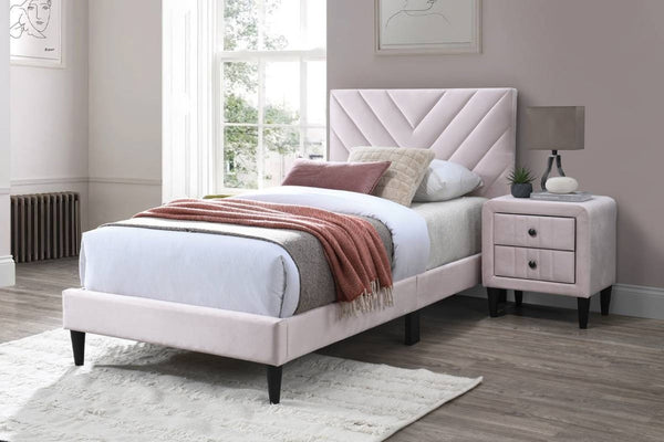 English Elm 1pc Twin Platform Bed Velvet Upholstered Adjustable Headboard V-stitch Blush Bedroom Light Pink B011P415213