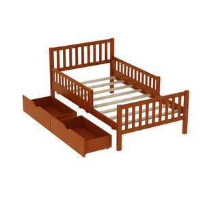 English Elm Twin Pinewood Platform Bed with Headboard, Guardrails & Two Underbed Drawers for Storage Walnut 70.6 L x 17.1 W x 5.9 H N733P172696D