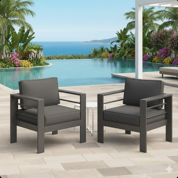 English Elm Set of 2 Outdoor Iron Armchairs with Olefin Cushions for Patio Resort Lounging Gray+Gray B082P455106