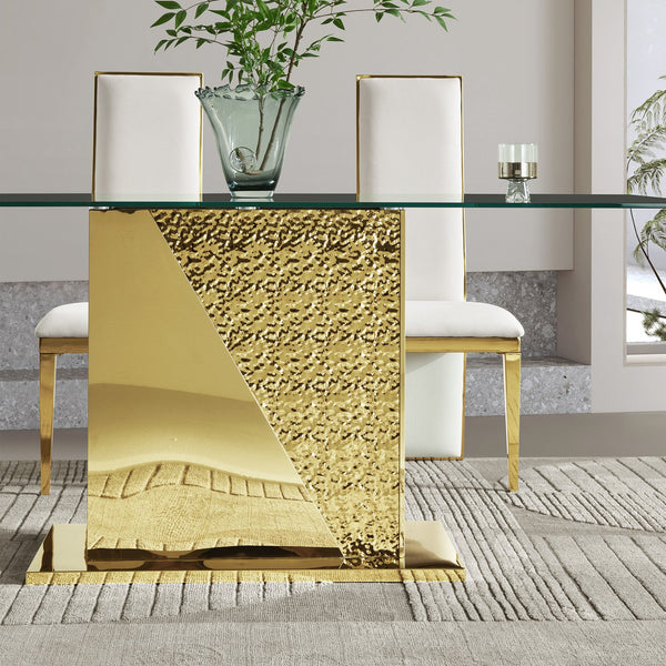 English Elm Gold Stainless Steel Dining Table With 70.08" Black Tempered Glass Top - Modern Elegance Redefined! W2723S00044