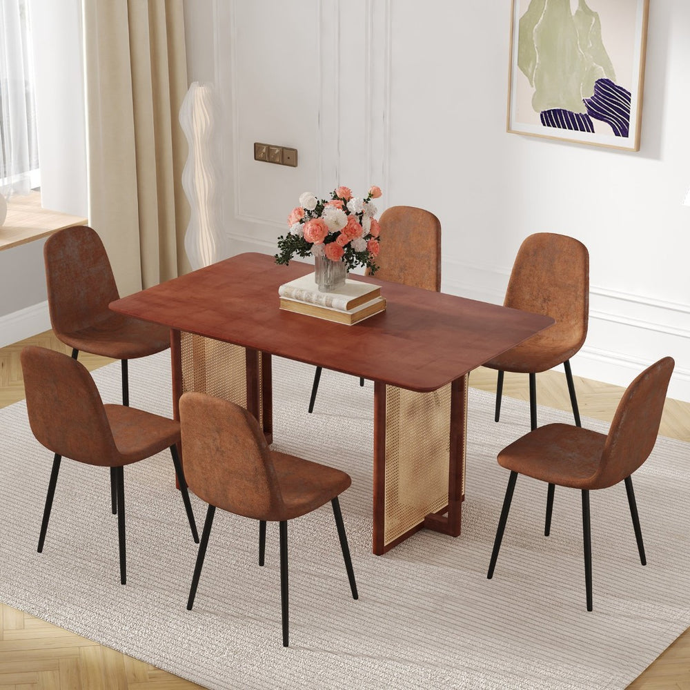English Elm Table & Chair Set: Elegant Walnut Solid Wood Dining Table With 6 Ergonomic Brown Techno-Fabric Chairs W1151S04066-GIGA