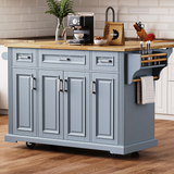 English Elm K&K 54Inch Large Kitchen Island With Rubber Wood Drop Leaf, Embossed Texture Rolling Kitchen Cart On 4 Wheels With 4 Doors and 3 Drawers, Kitchen Island With Storage For Kitchen, Dining Room,Grey Blue