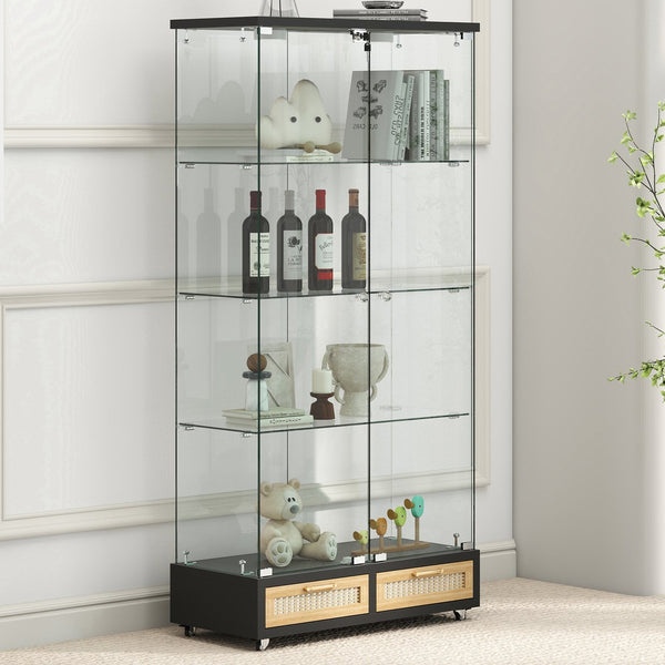 English Elm Modern Glass Display Cabinet With Led Lights, 4 Shelves & Drawers - Stylish Furniture For Collectors W241S00057