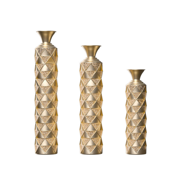 English Elm Metal Antique Gold Decorative Vase Set Of 3 - Modern Geometric Design With 3D Triangle Pattern W2796P193603