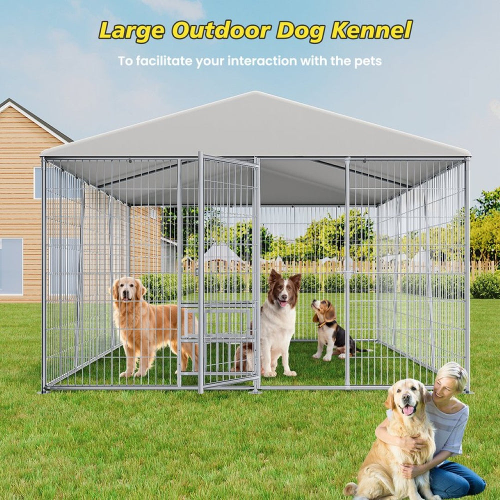 English Elm 10 X 10 Ft Heavy Gauge Steel Outdoor Dog Kennel with Pvc Roof and Feeding Basin W1820S00023
