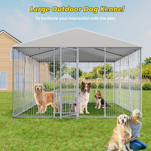 English Elm 10 X 10 Ft Heavy Gauge Steel Outdoor Dog Kennel with Pvc Roof and Feeding Basin W1820S00023
