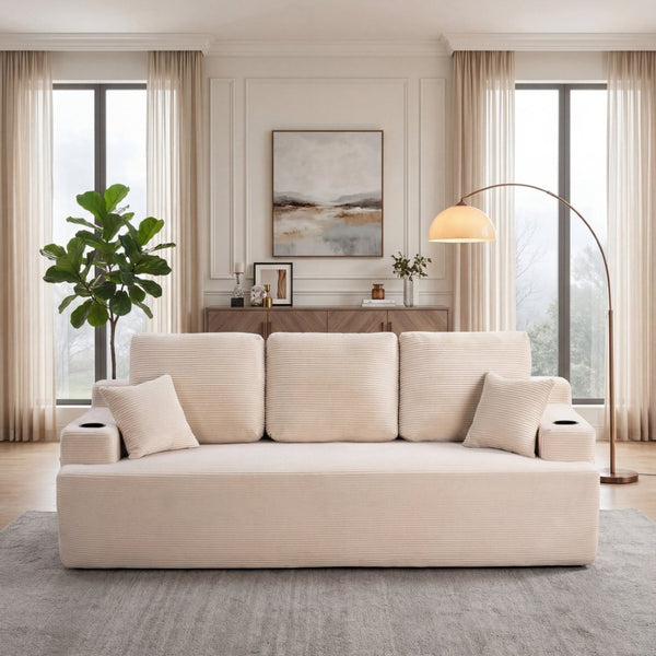 English Elm 87 Inch Plush Corduroy Three Seat Sofa with Deep Cushions Cup Holders Storage Pockets Camel W5515P444479