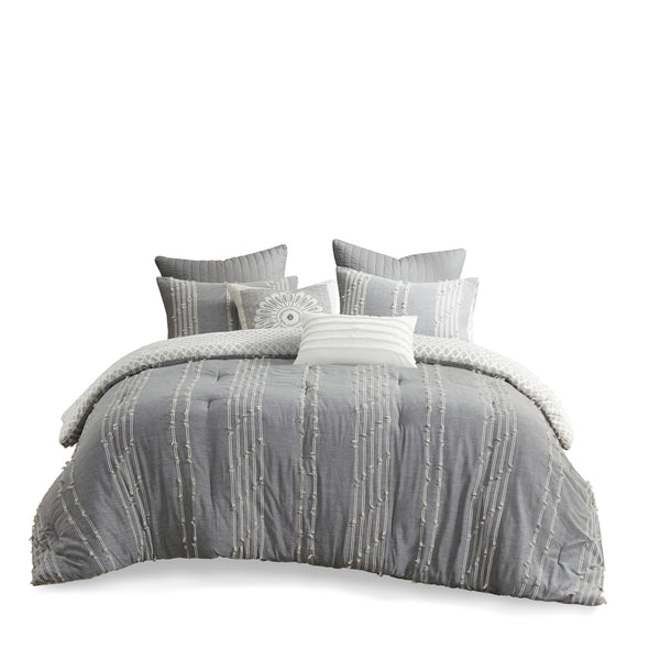 English Elm 3 INK+IVY Kara Cotton Jacquard Comforter Set Full/Queen – OEKO-TEX, reversible gray ivory, duvet-style finish, machine washable, 3-piece B03596432