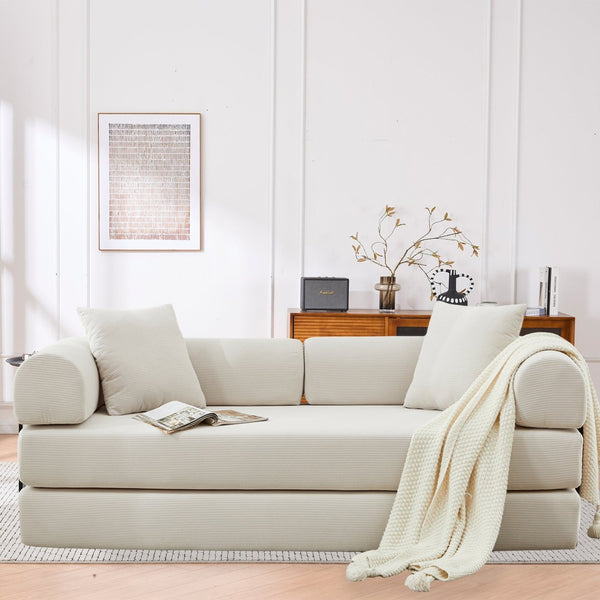 English Elm Folding Corduroy Futon Sofa Converts to Floor Mattress for Studio or Compact Living Beige W2915P391454