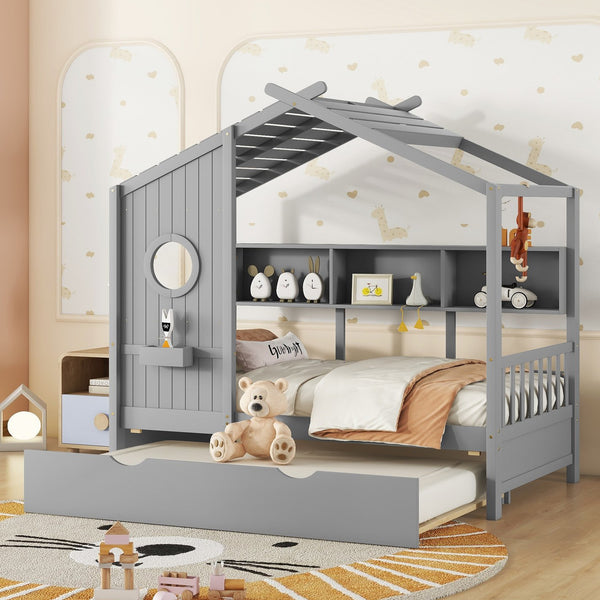 English Elm Wooden Twin House Bed with Trundle and 3 Back Shelves, Pine Frame Playful Loft Design for Kids Gray 41.7 L x 16.25 W x 6 H N733S316110E