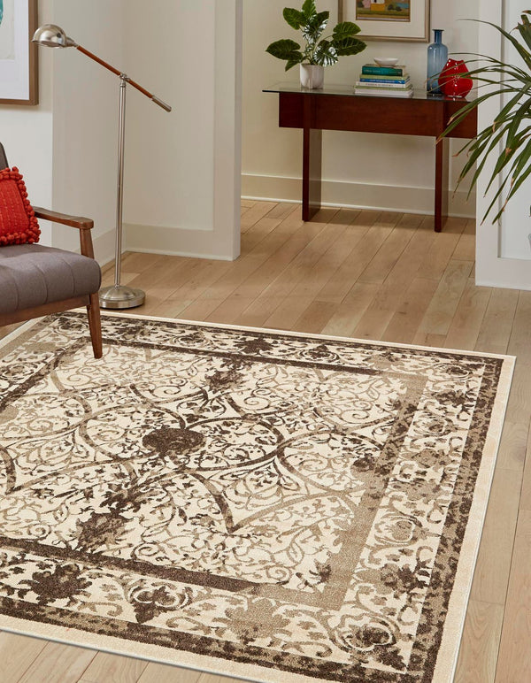 Unique Loom La Jolla Traditional Machine Made Floral Rug Beige, Beige/Brown/Ivory/Light Brown 7' 10" x 7' 10"