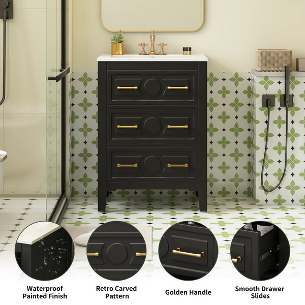 English Elm 24'' Bathroom Vanity with Ceramic Sink and 3 Drawers Retro Solid Wood Frame Freestanding Storage Black N710P371184B