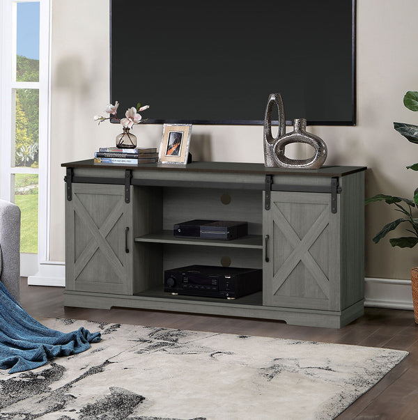 English Elm Rustic Farmhouse TV Stand 56" Two-Tone Brown Gray Finish with Metal X Accents & Sliding Doors B2741P397688