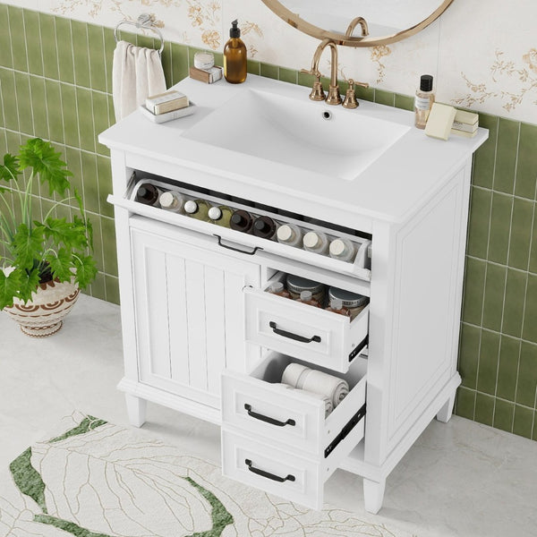 English Elm 30 Inch Freestanding Bathroom Vanity Solid Pine Cabinet Ceramic Sink Top Storage White N725P412782K