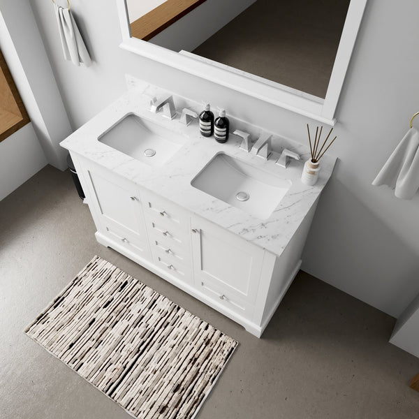 English Elm White Double Bath Vanity 48" W x 22" D with Carrara Marble Top, Faucet Set, Soft-Close Drawers & Storage B2731P258324