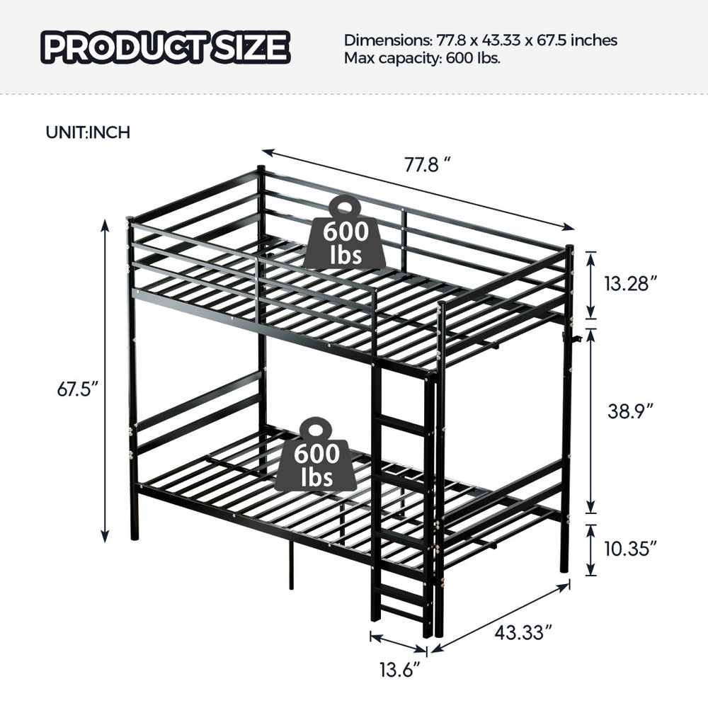 English Elm Bunk Beds Twin Over Solid Iron Frame with Guardrail and Ladder Matte Black W3752P464161