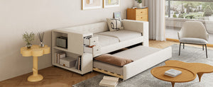 English Elm Twin Upholstered Bed with Trundle and Storage Drawers, USB Ports, French Velvet Luxurious Feel Beige SF000184AAA
