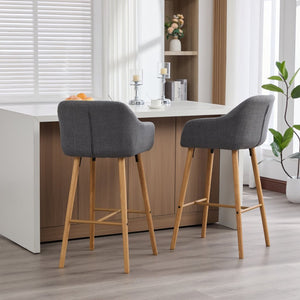 English Elm Modern Linen Upholstered Barstools with Oak Legs Armrests and Footrest for Kitchen Islands Gray W395P396316