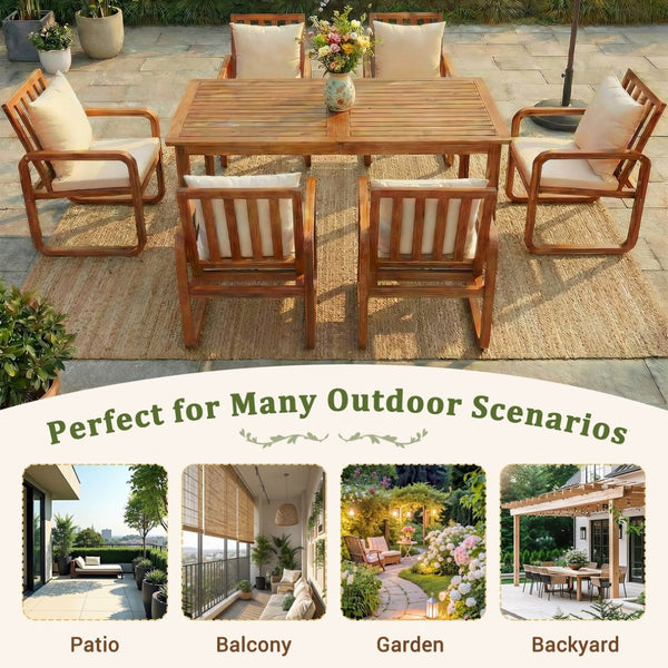 English Elm Outdoor Acacia Wood Dining Set Seats Six with Cushioned Armrest Chairs for Patio Natural Wood+Brown N719Z000200D