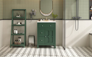English Elm 24" Modern Bathroom Vanity with Ceramic Basin, French Country Cross-Grid Design & Soft-Close Drawers Green N710P280655F