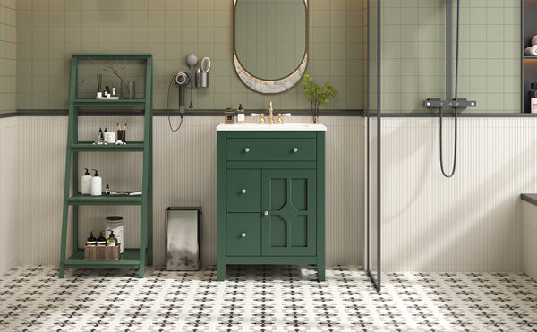 English Elm 24" Modern Bathroom Vanity with Ceramic Basin, French Country Cross-Grid Design & Soft-Close Drawers Green N710P280655F