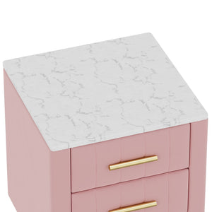 English Elm Upholstered Velvet Nightstand with Faux Marble Top Three Drawers and Slim Metal Legs Pink N733P208520H
