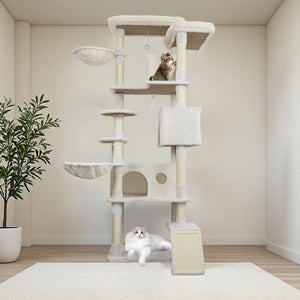 English Elm 84 Inch Tall Multi Cat Tower with Sisal Posts Hammock Triple Condos and Top Perch W243P382891