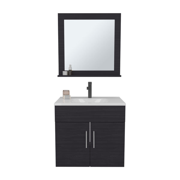English Elm Bathroom Black Wengue Vanity Sink & Mirror Set with 2 Doors, Open Shelf, Engineered Wood, 24" Wide B097P350325