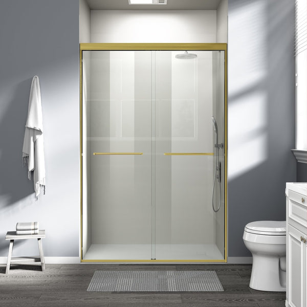 English Elm 44" Semi-frameless Double Sliding Shower Door Brushed Gold Tempered Glass Walk-in W1920P388013