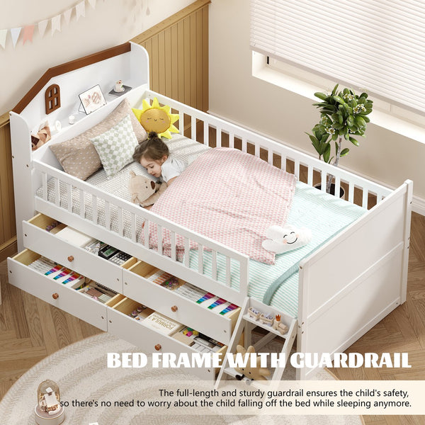 English Elm Twin Bed Frame with Storage Drawers and House Headboard, Kids Platform Bed with Guardrail Ladder and Shelf White 49.3 L x 16.25 W x 7.75 H N733S278032K