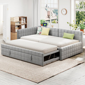English Elm Full L-Shaped Upholstered Daybed with Pull-Out Twin Trundle, Built-In USB Ports, Modern Chic Design Gray SF000192AAE