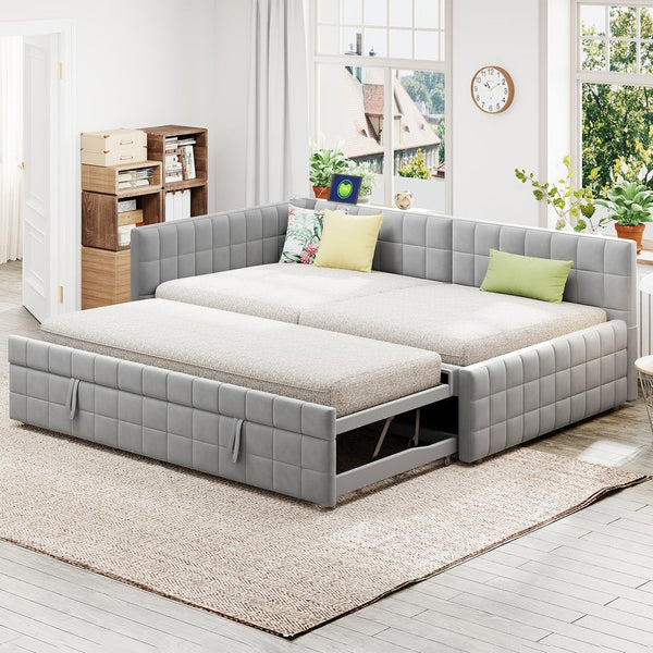 English Elm Full L-Shaped Upholstered Daybed with Pull-Out Twin Trundle, Built-In USB Ports, Modern Chic Design Gray SF000192AAE