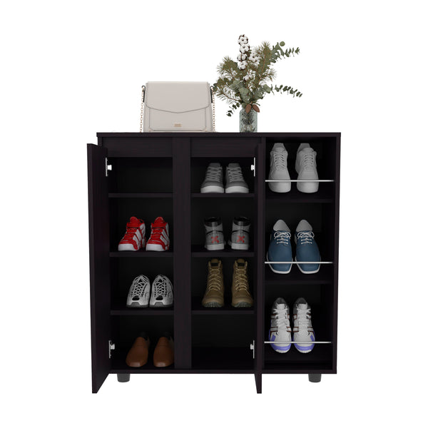 English Elm Gitano Wenge Shoe Cabinet with 2 Doors, 8 Enclosed & 3 Open Side Shelves, Scratch‑Resistant Finish, Compact Design B128P387072