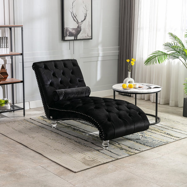 English Elm Velvet Curved Chaise Lounge Sofa with Button-Tufted Back, Thick Foam Cushion & Acrylic Legs for Living Room Comfort Black W39538681