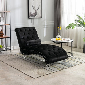 English Elm Velvet Curved Chaise Lounge Sofa with Button-Tufted Upholstery, Plush Foam Seat and Acrylic Legs Black W39538681