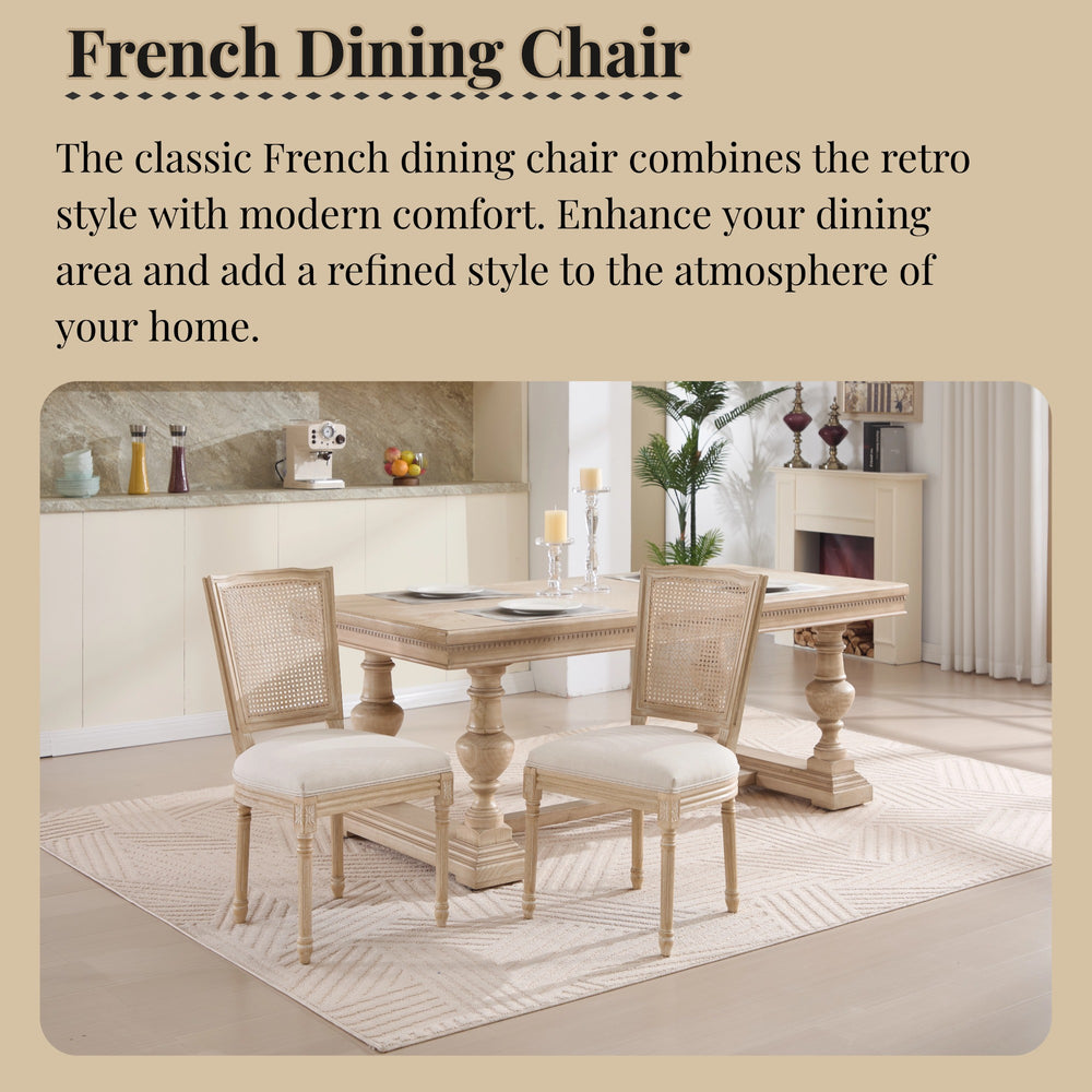 English Elm French Country Dining Chairs Set Of 2 - Upholstered Natural Rattan Back, Vintage Charm For Any Space W3426P324546