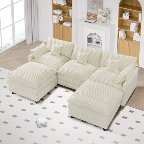 English Elm 148-inch Seven Piece U-shaped Sectional Sofa with Console Usb Port and Foam Cushions W2564S00088