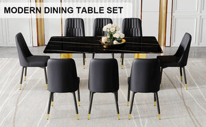 English Elm Table Set With Glass Top & Imitation Marble Finish - 8 Elegant Pu Chairs For Modern Dining Spaces W1151S04333-GIGA