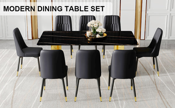 English Elm Table Set With Glass Top & Imitation Marble Finish - 8 Elegant Pu Chairs For Modern Dining Spaces W1151S04333-GIGA