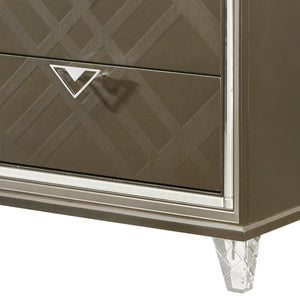 English Elm Skylar Champagne Finish Nightstand with Embossed Drawers, Mirrored Trim & Acrylic Tapered Legs B2726P261234