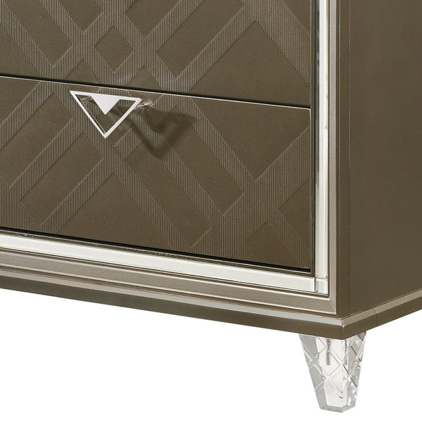 English Elm Skylar Champagne Finish Nightstand with Embossed Drawers, Mirrored Trim & Acrylic Tapered Legs B2726P261234
