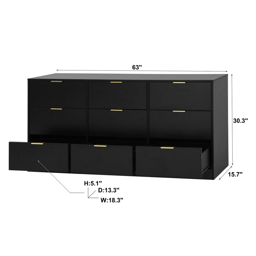 English Elm 9 Drawer Handleless White Matte Dresser Sleek Minimalist Storage for Bedroom or Hallway Black W409S00014