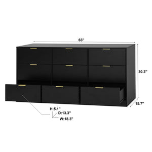 English Elm 9 Drawer Handleless White Matte Dresser Sleek Minimalist Storage for Bedroom or Hallway Black W409S00014