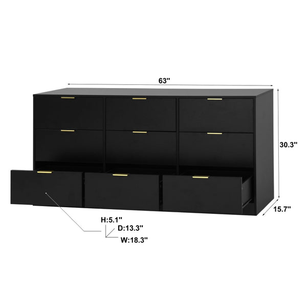 English Elm 9 Drawer Handleless White Matte Dresser Sleek Minimalist Storage for Bedroom or Hallway Black W409S00014