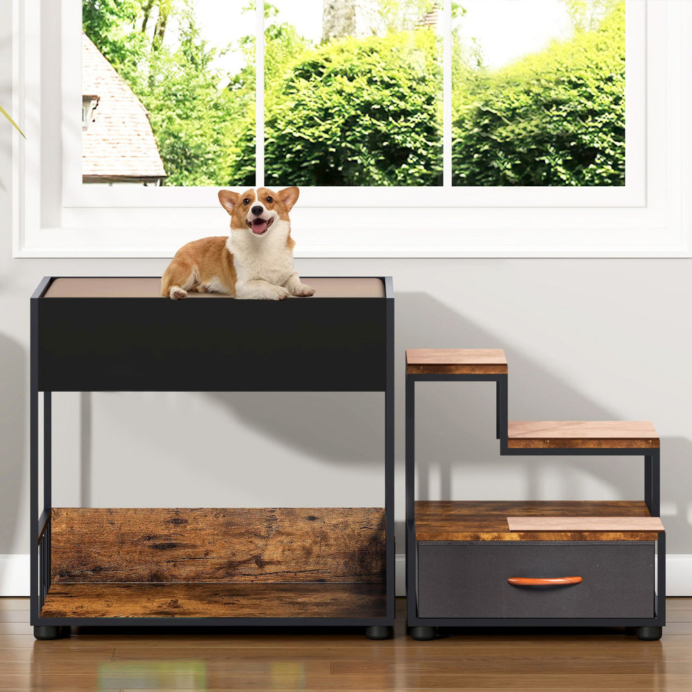 English Elm Pet Pet Step Window Perch Bunk Bed for Dogs Elevated Multi-Level Lounge with Drawer Non-Slip Pad Vintage W1687P181838